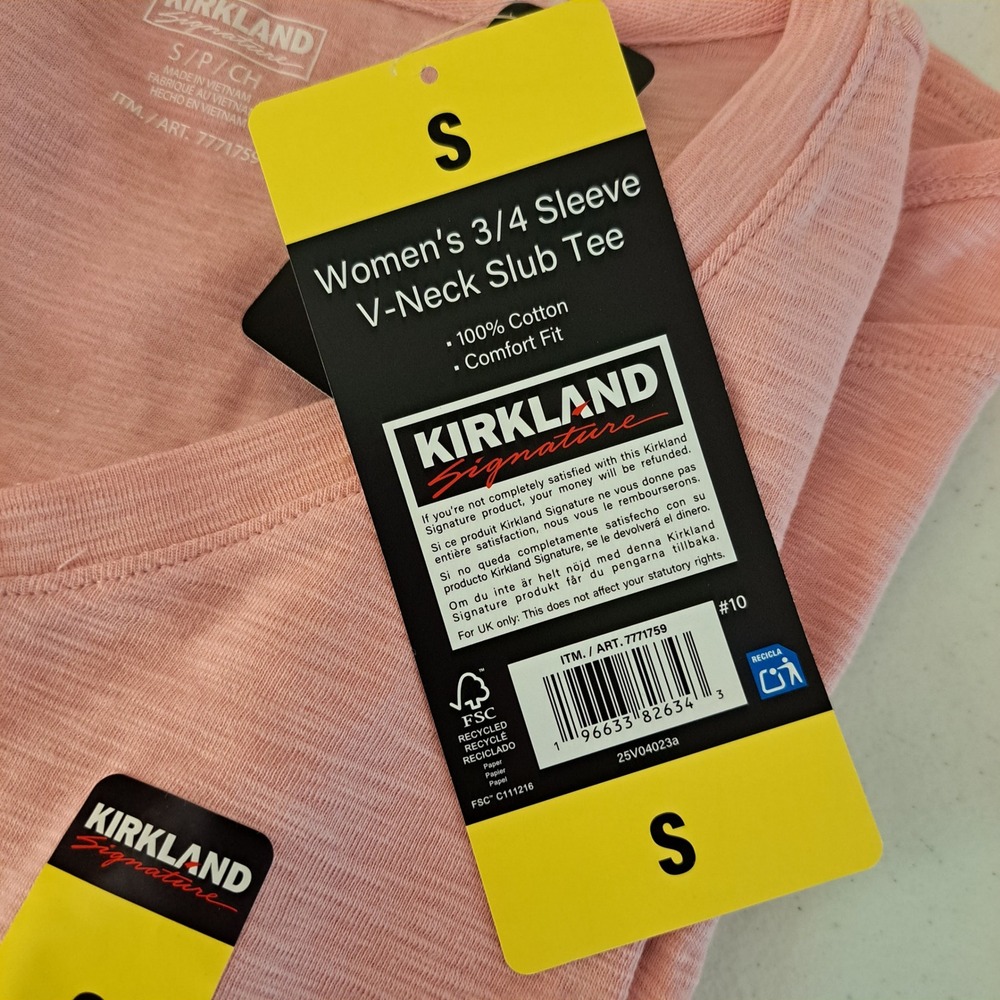 Kirkland Signature Womens 3/4 Sleeve V-Neck Slub Tee Peach Pink Cotton SM